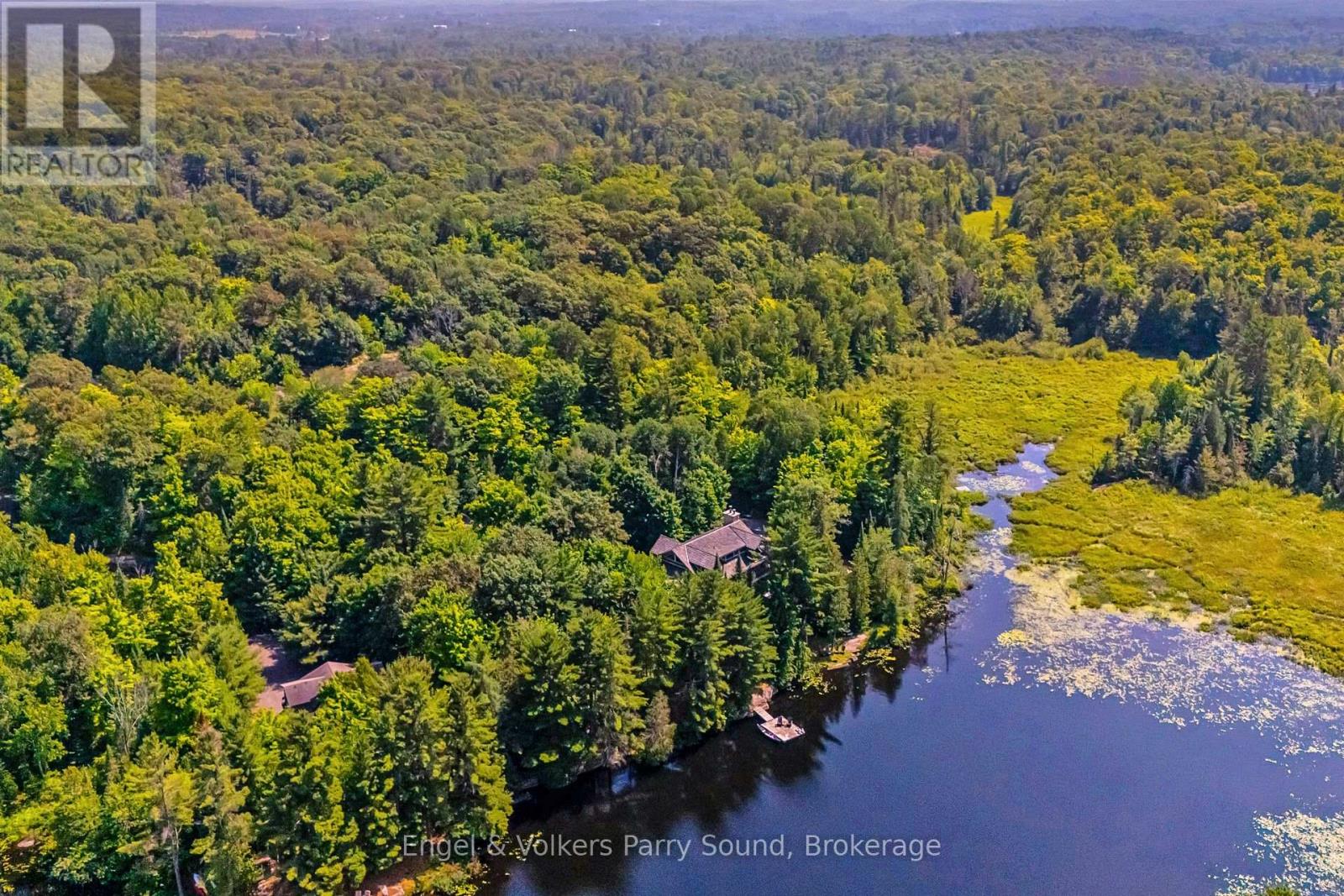 Aerial view of 35 Shakell Road surrounded by forest on Limestone Lake
